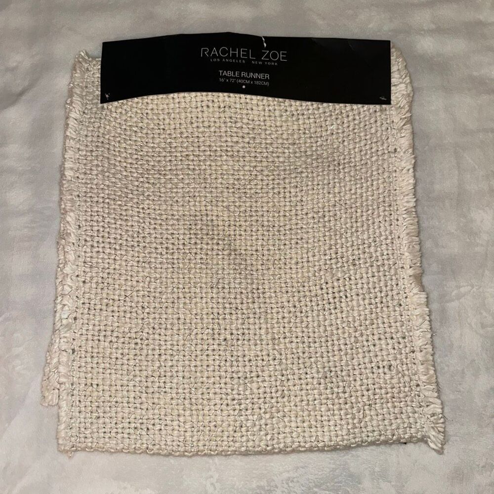 Rachel Zoe Knit Table Runner Off White Silver Sparkle Fringe Trim 16x72” NWT